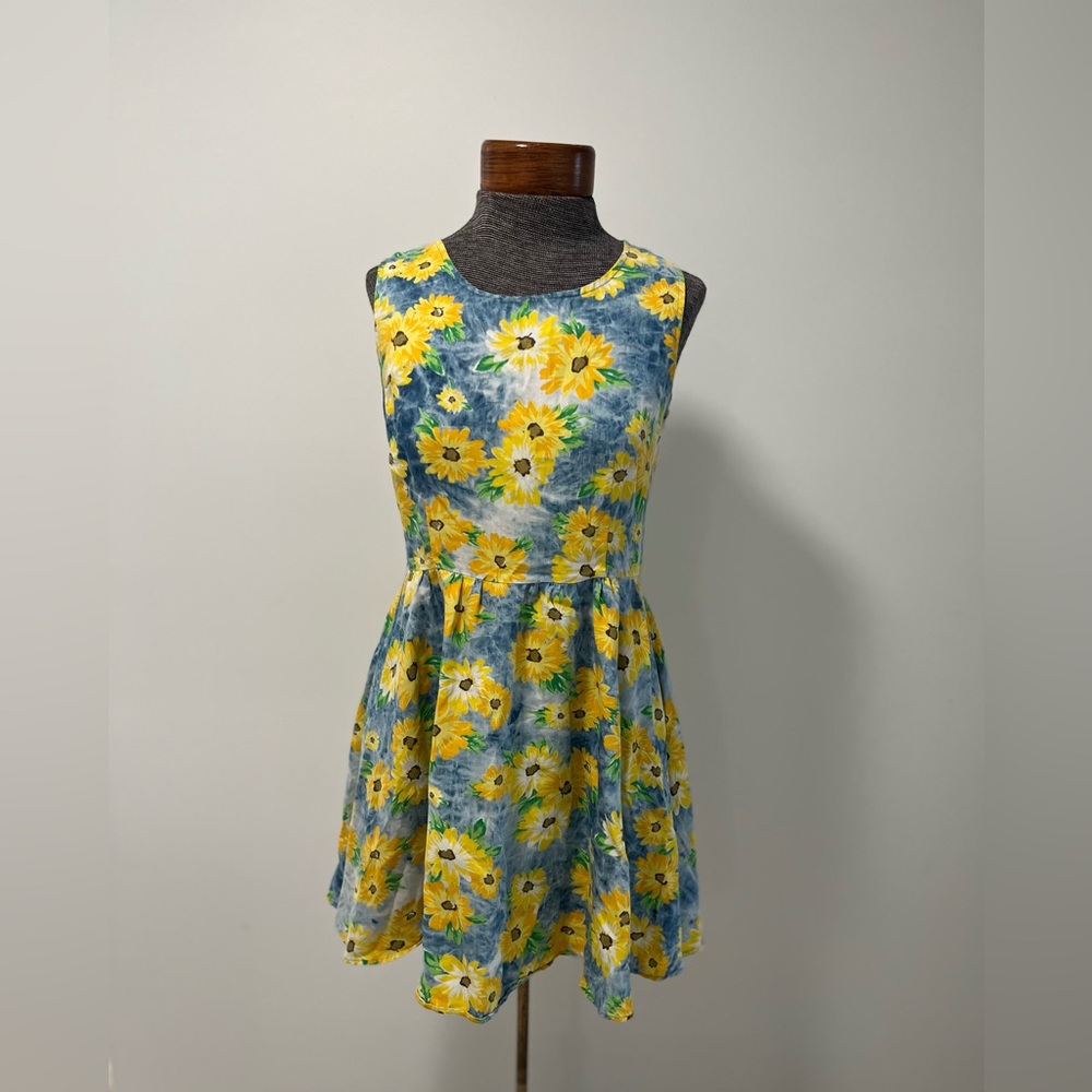 Vintage 90s Floral Fit & Flare Mini Dress Yellow Blue Cottagecore Daisy Size 36